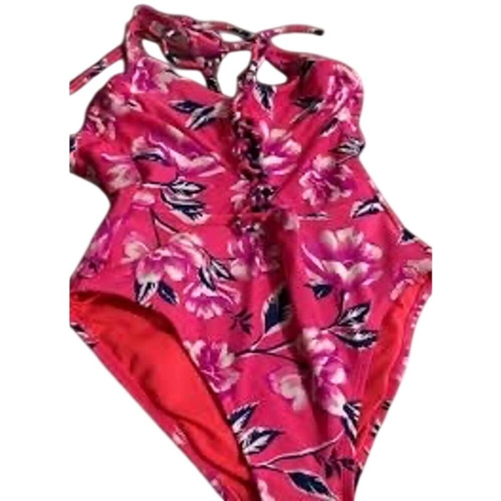 Hot Pink Tropical Floral Lace Up One Piece Swimsuit Women's L Hibiscus Y2K